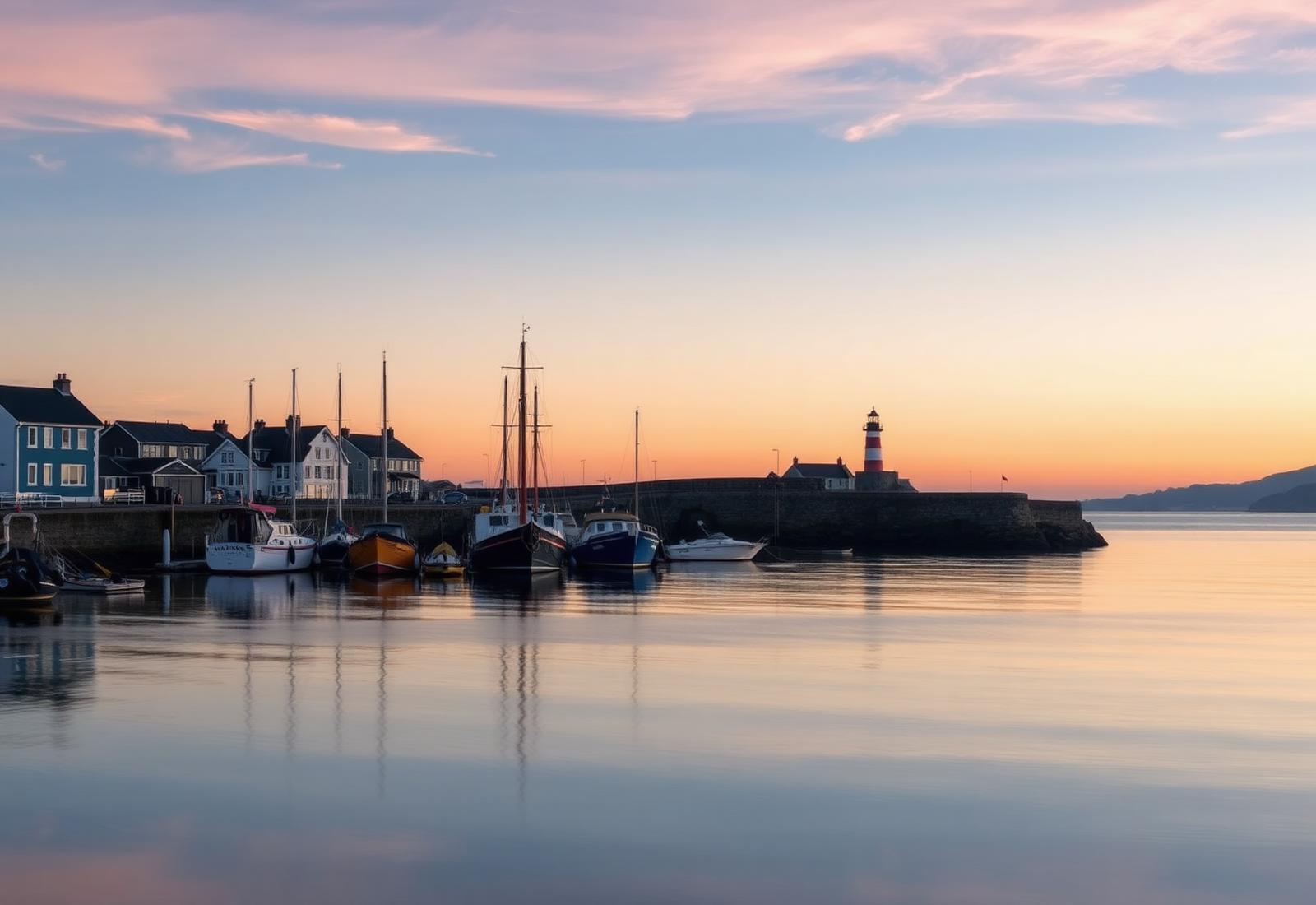 Portrush harbour at dawn with moored fishing boats and the lighthouse